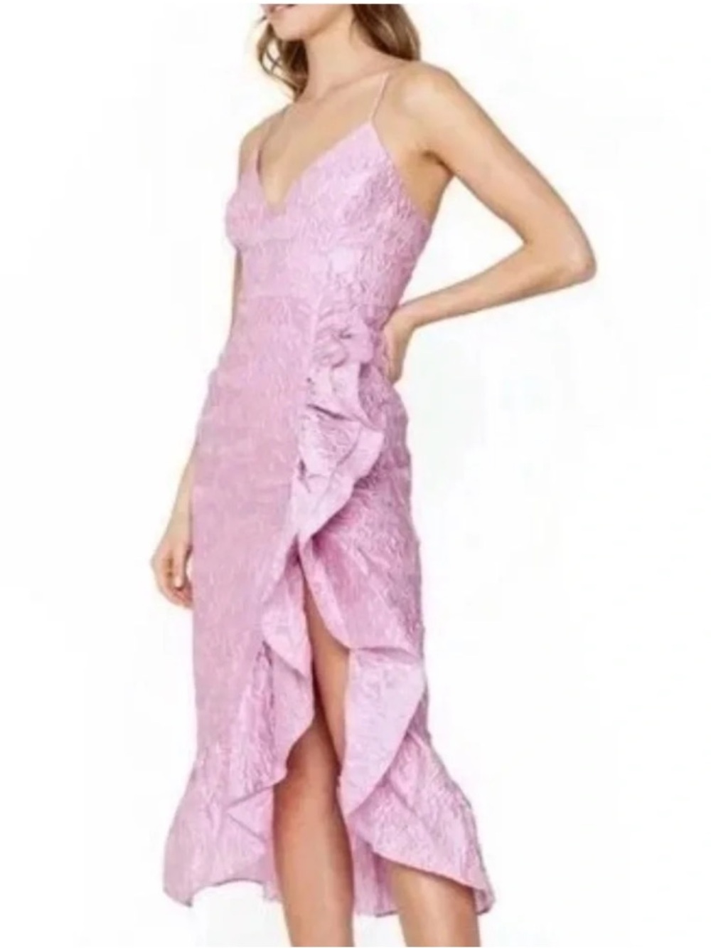Bardot Emmaline Ruffle Midi Dress Lilac Snow Spaghetti Strap S 6 Jacquard Floral